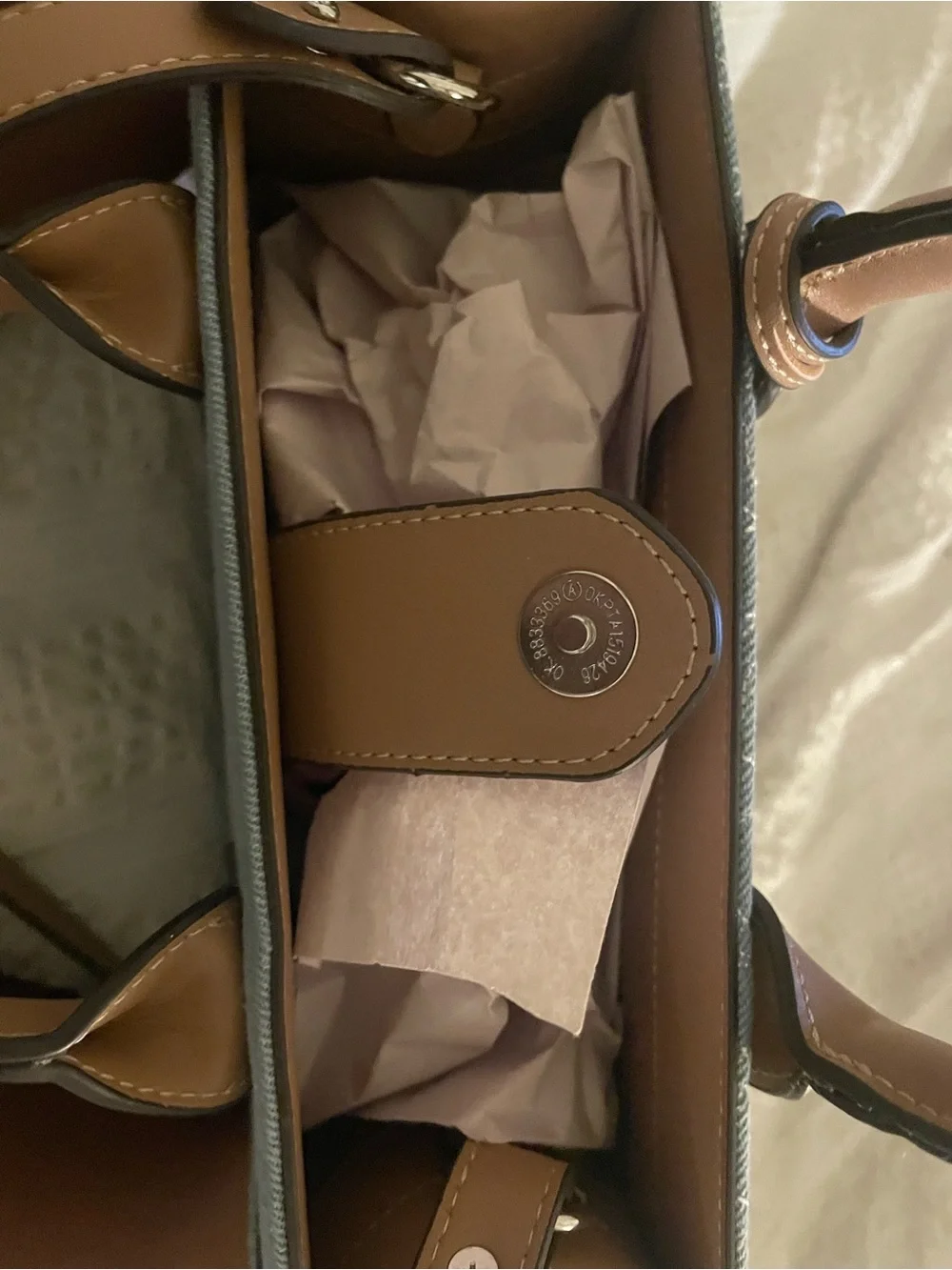 True Religion Light Blue Denim Tote with Tan Leather Accents